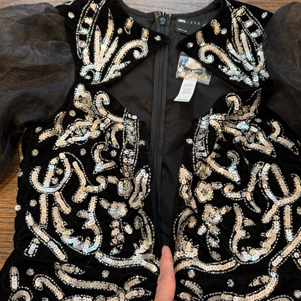 ASOS LUXE Keyhole Plunge Embellished Mini Dress with Sheer Bishop Sleeves NWT - Picture 7 of 15
